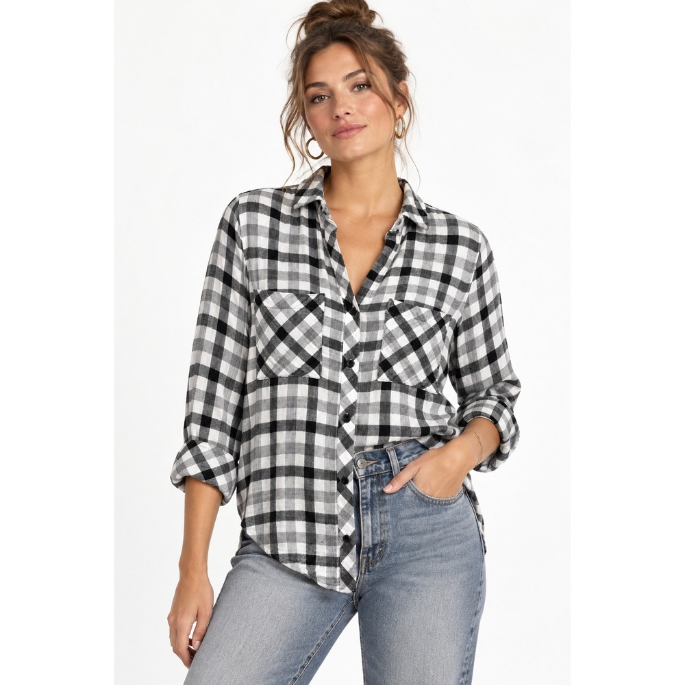 Cloth & Stone Womens Black White Buffalo Plaid Button Down Shirt Small C4288-A23